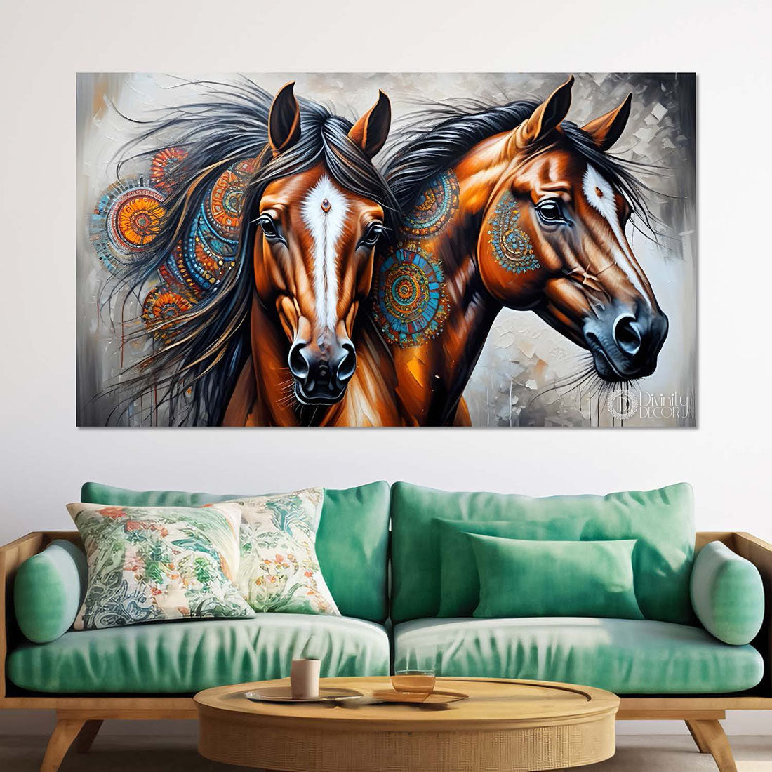 Two brown decorated horses in grey textured background art Canvas Painting - Design - Horse-165