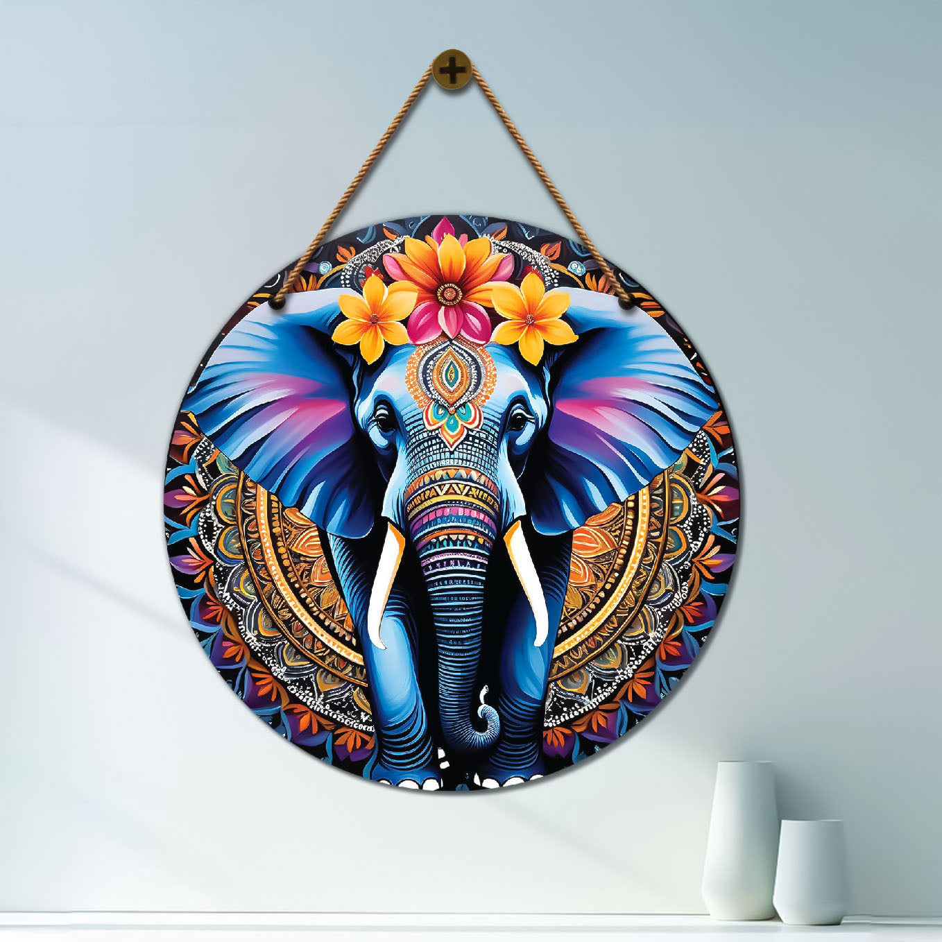 Elephant in orange and purple mandala Round Wooden Wall Hanging for wall Décor - Design - 166