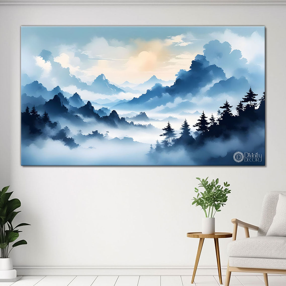 Mountains with river, trees and clouds textured water color art Canvas Painting - Nature Art -166