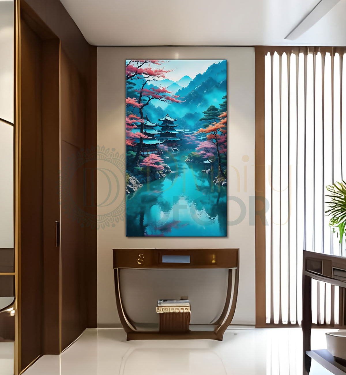 Pink trees with mountains,japanes houses and lake in aqua background in textured natural art Canvas Painting - Nature Art -V-166