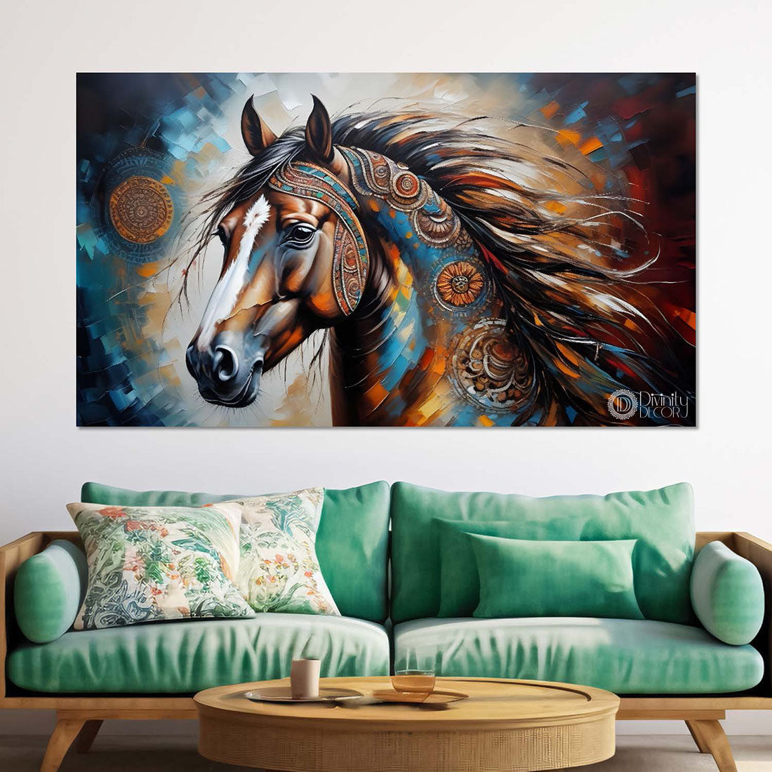 One brown decorated horses in grey textured background art Canvas Painting - Design - Horse-166