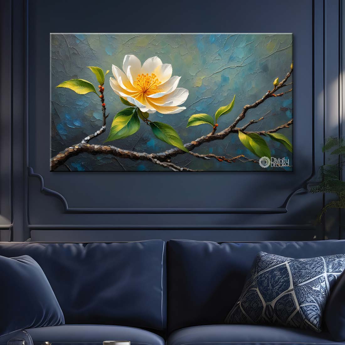 White flower with blue background painting- Design - Flower-166