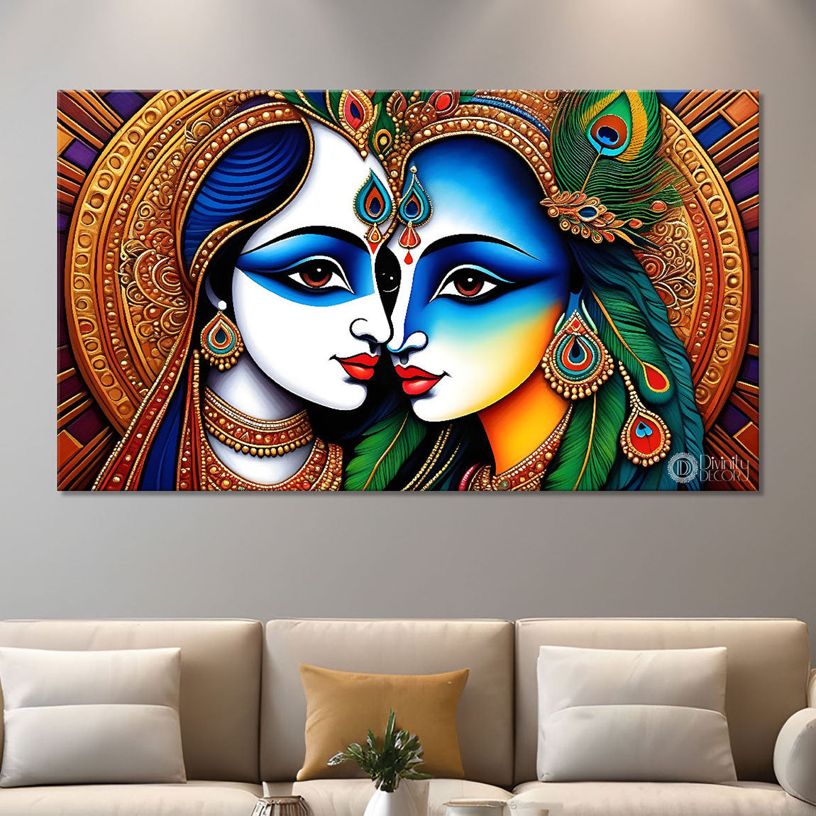 Blue face of Krishna and Radha with peacock feather background painting Canvas Painting - Design - Krishna-166