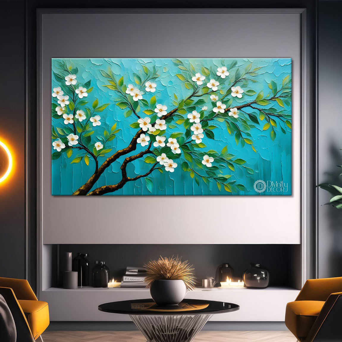 White flower tree in textured background oil painting- Design - Tree-167