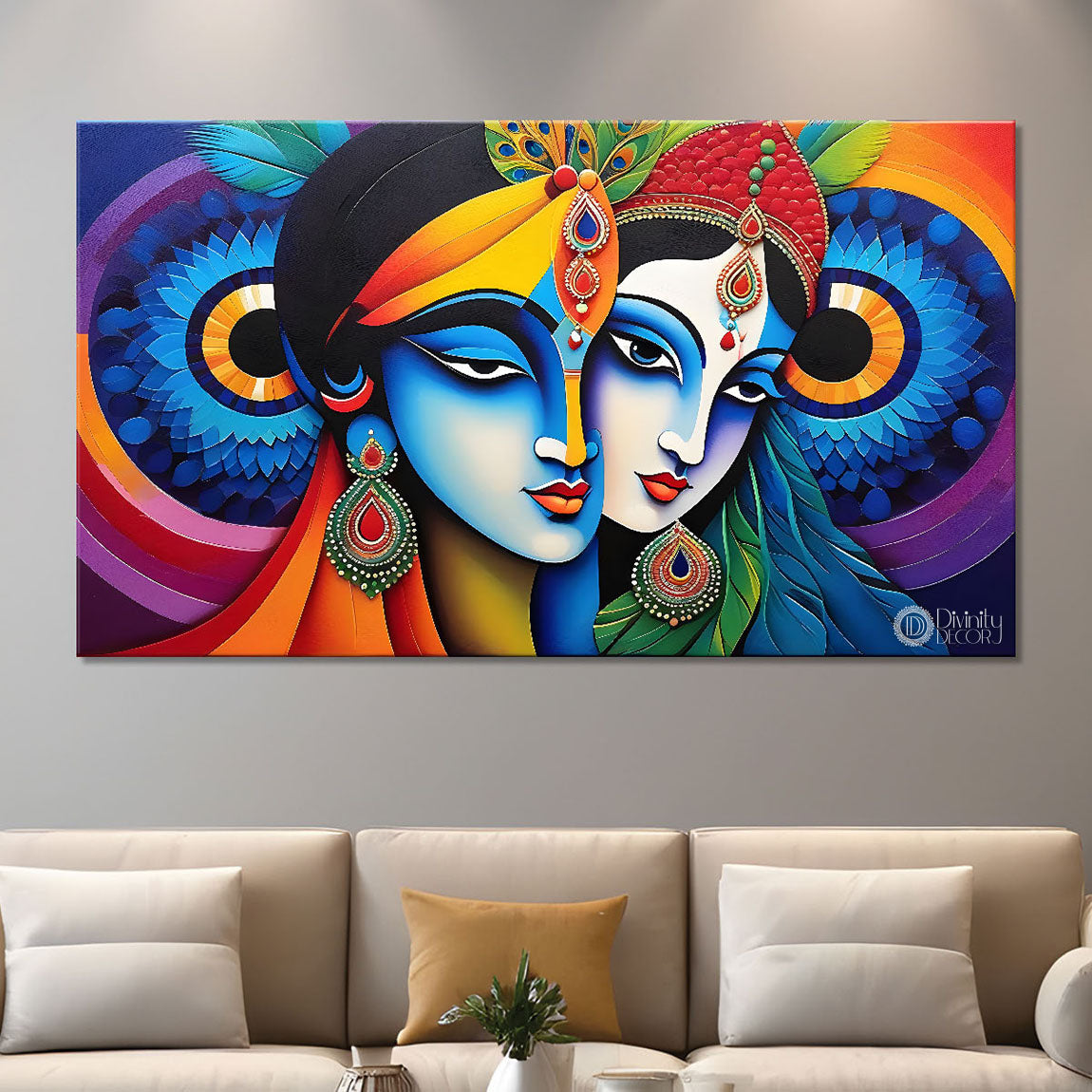 Blue face of Krishna and Radha with colorful background painting Canvas Painting - Design - Krishna-167