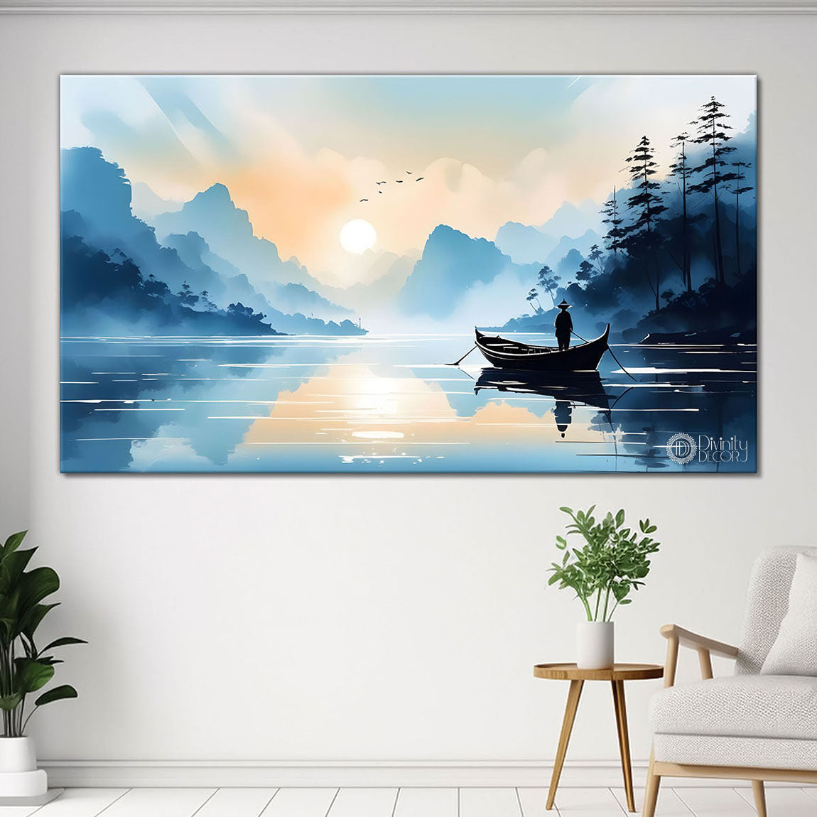 Mountains with river, trees and clouds textured water color art Canvas Painting - Nature Art -167