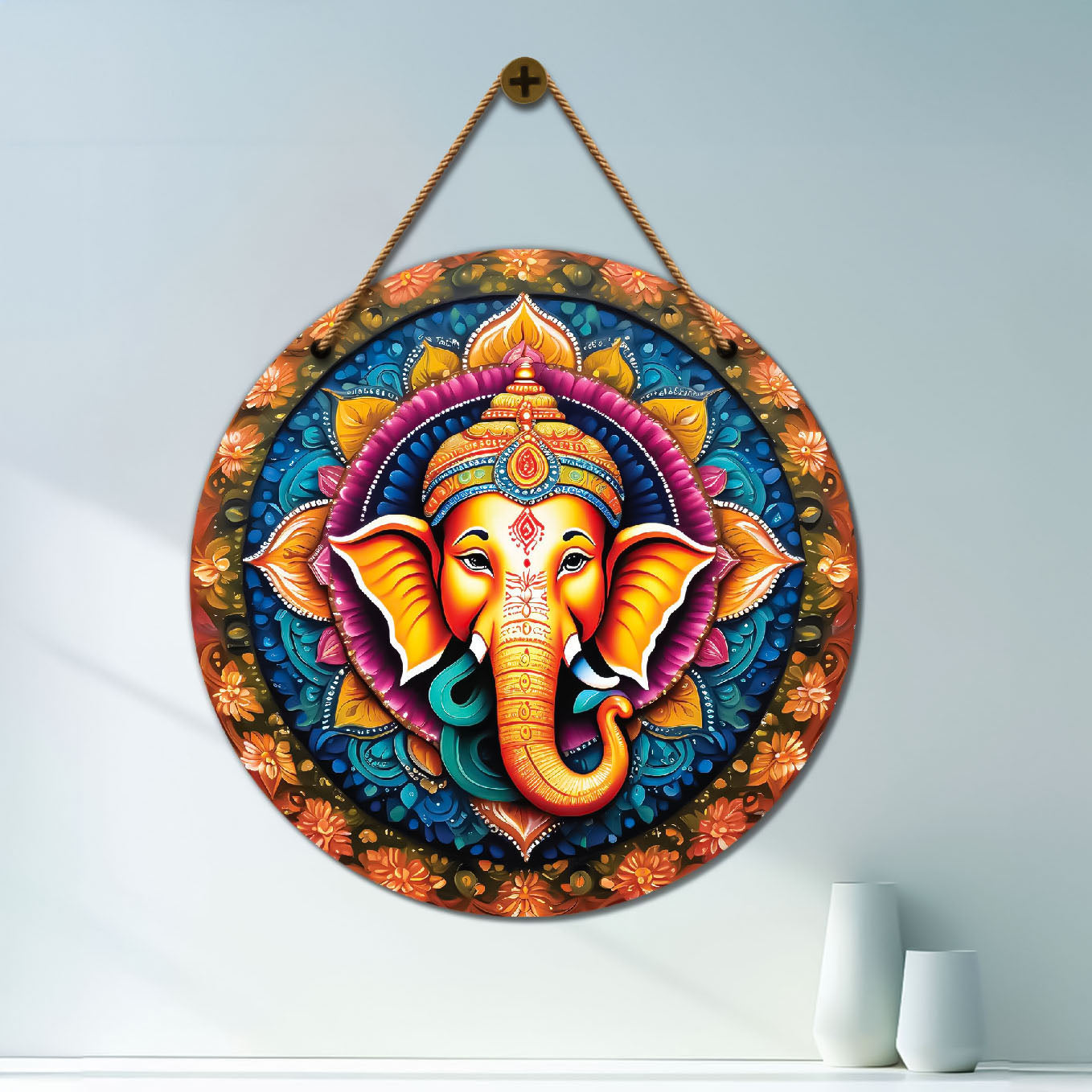 Ganesh Ji in green and brown mandala Round Wooden Wall Hanging for wall Décor - Design - 167