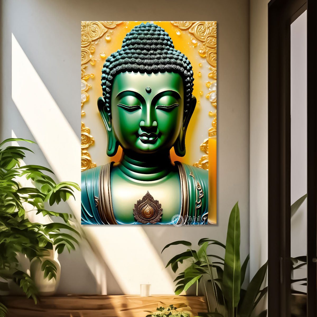 Green buddha with yellow  texturd painting - Buddha-V-167
