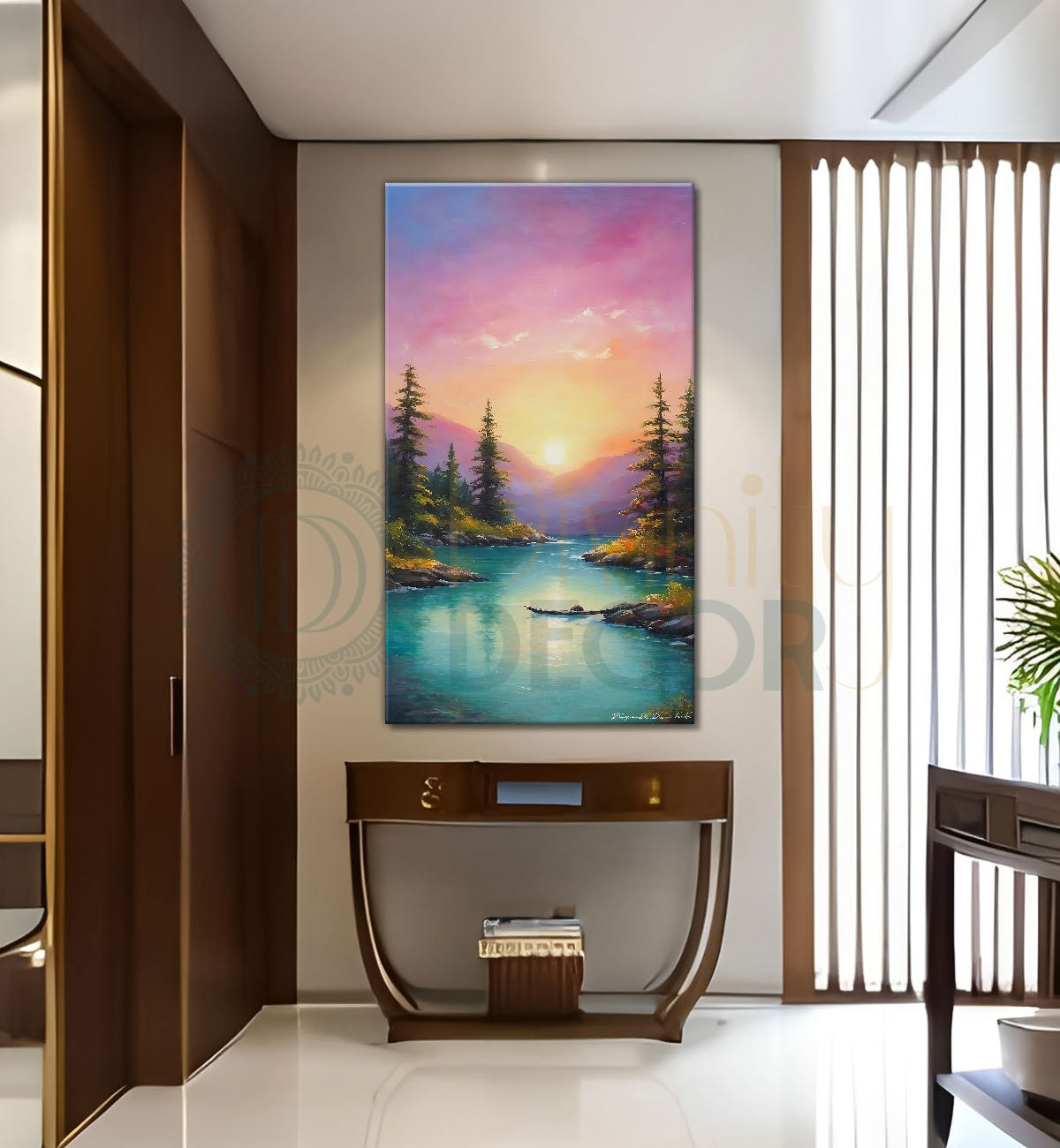 Mountains with tree, pink sky and lake in textured water colour painting Canvas Painting - Nature Art -V-167