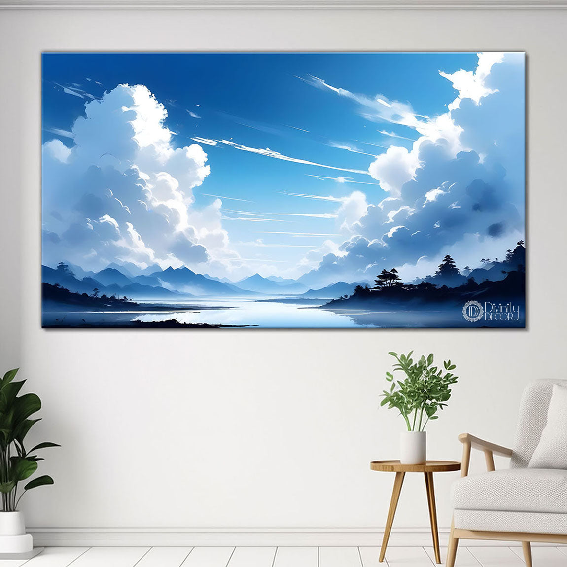 Mountains with river, trees and clouds textured water color art Canvas Painting - Nature Art -168