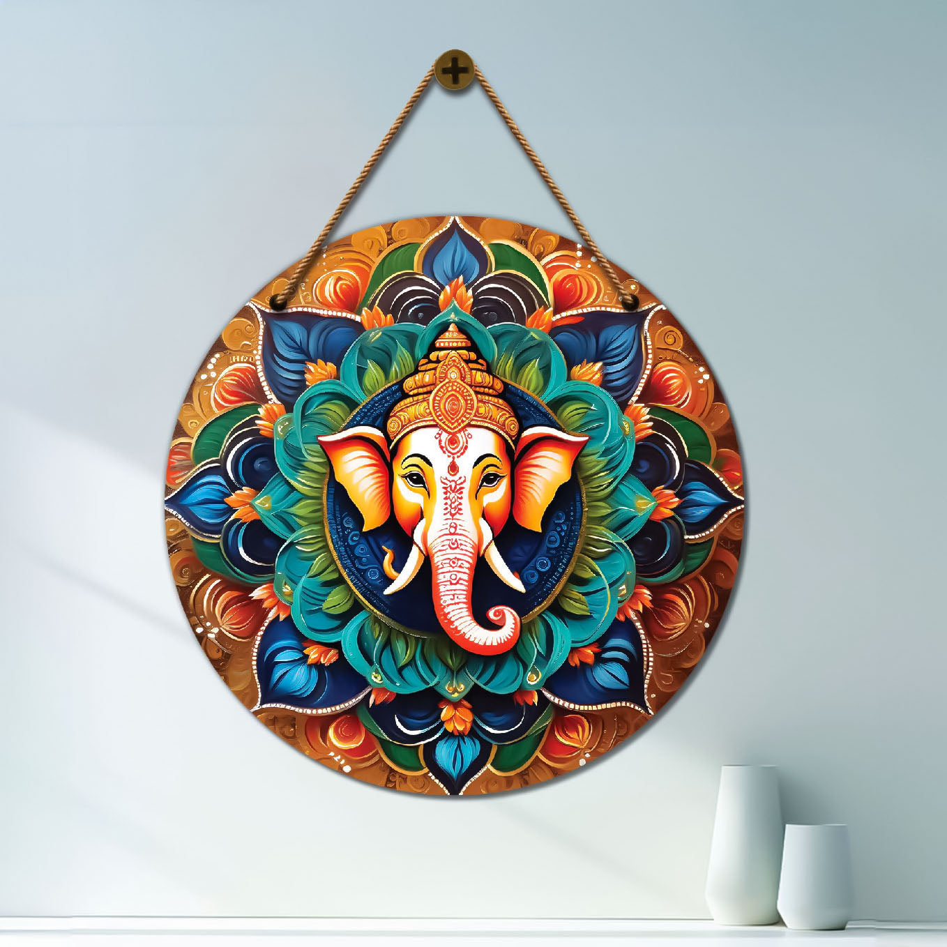 Ganesh Ji in green and brown mandala Round Wooden Wall Hanging for wall Décor - Design - 168