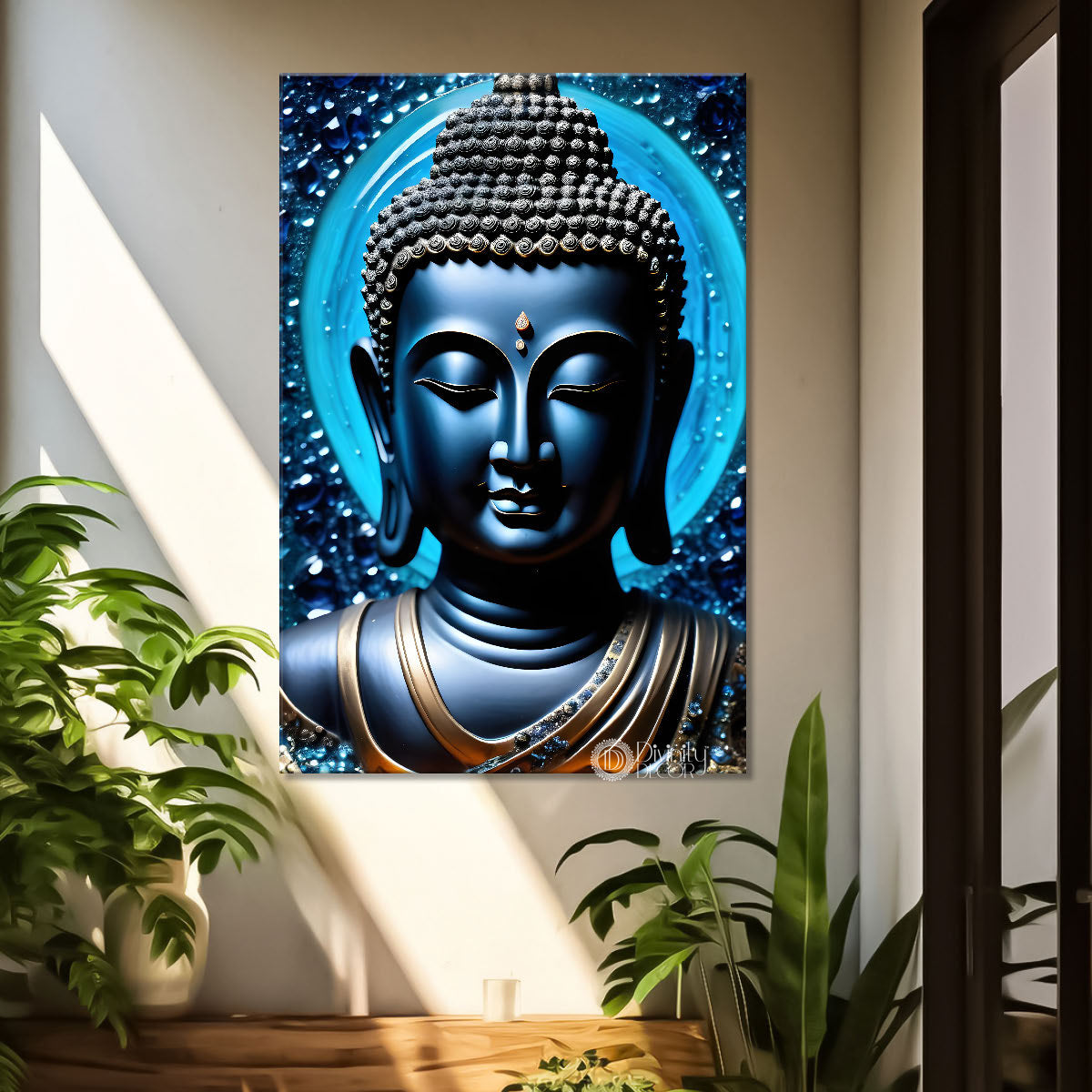 Navy blue buddha with blue chara texturd painting-V-168