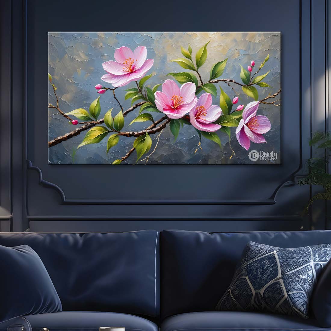 Pink flowers with grey textured background painting- Design - Flower-168