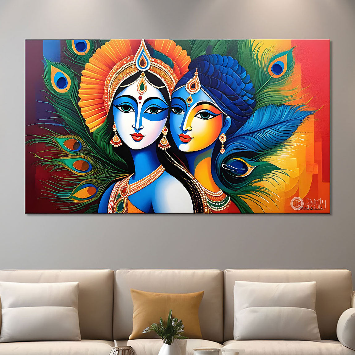 Blue face of Krishna and Radha with yellow and peacock feather background painting Canvas Painting - Design - Krishna-168