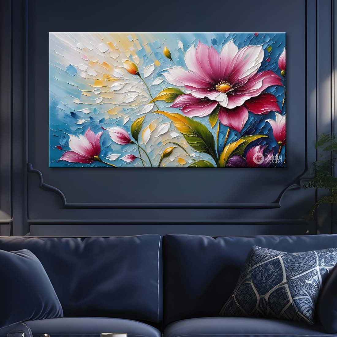 Purple flowers with blue textured background painting- Design - Flower-169