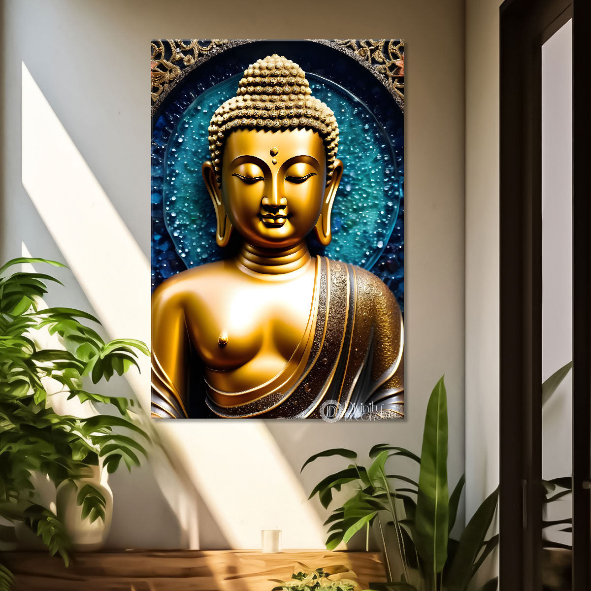 Golden buddha with blue texturd painting-V-169