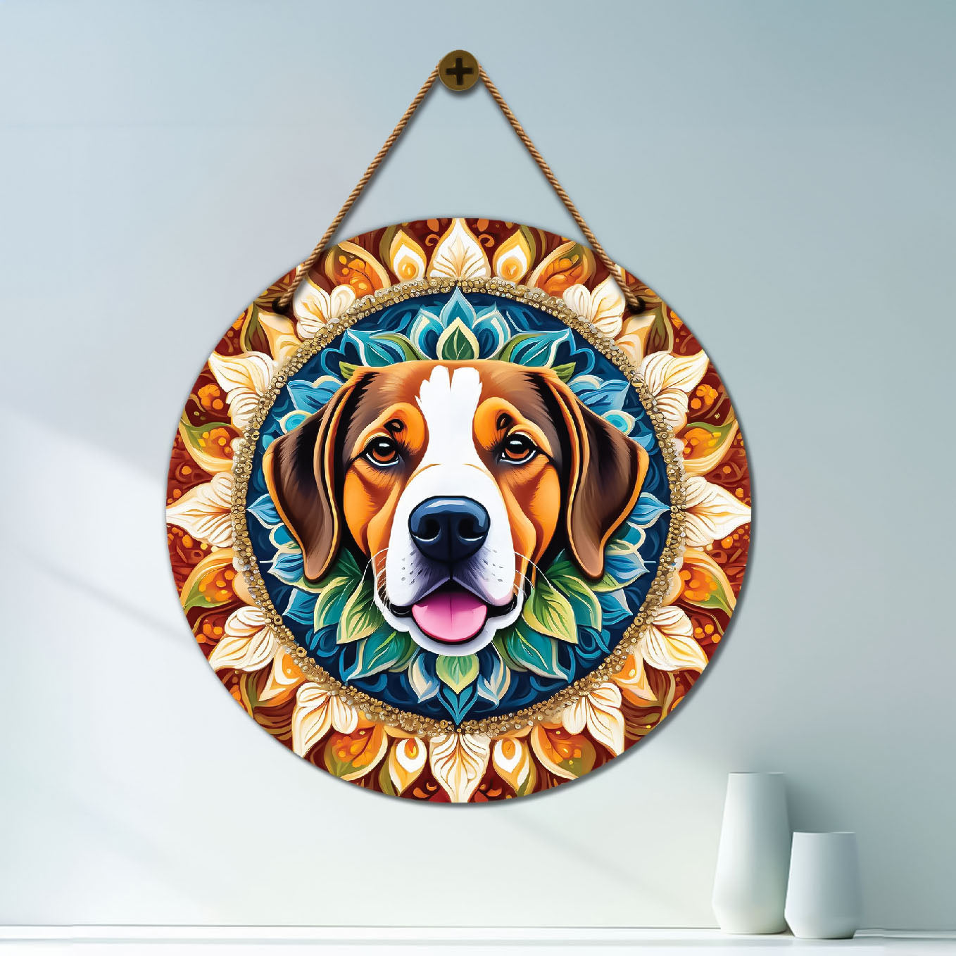 Dog in green and brown mandala Round Wooden Wall Hanging for wall Décor - Design - 169