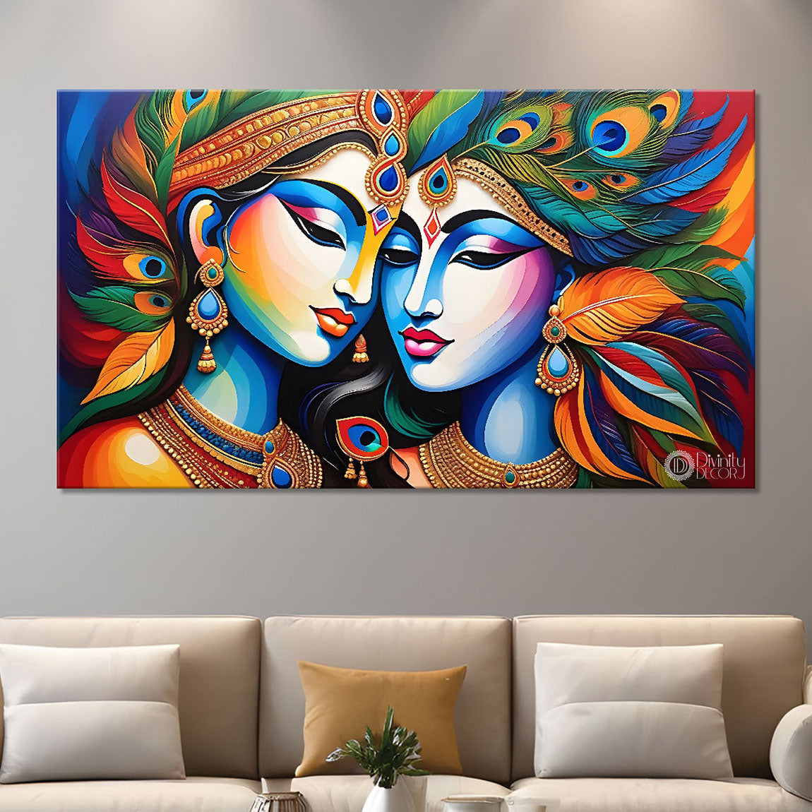 Blue face of Krishna and Radha with yellow and peacock feather background painting Canvas Painting - Design - Krishna-169