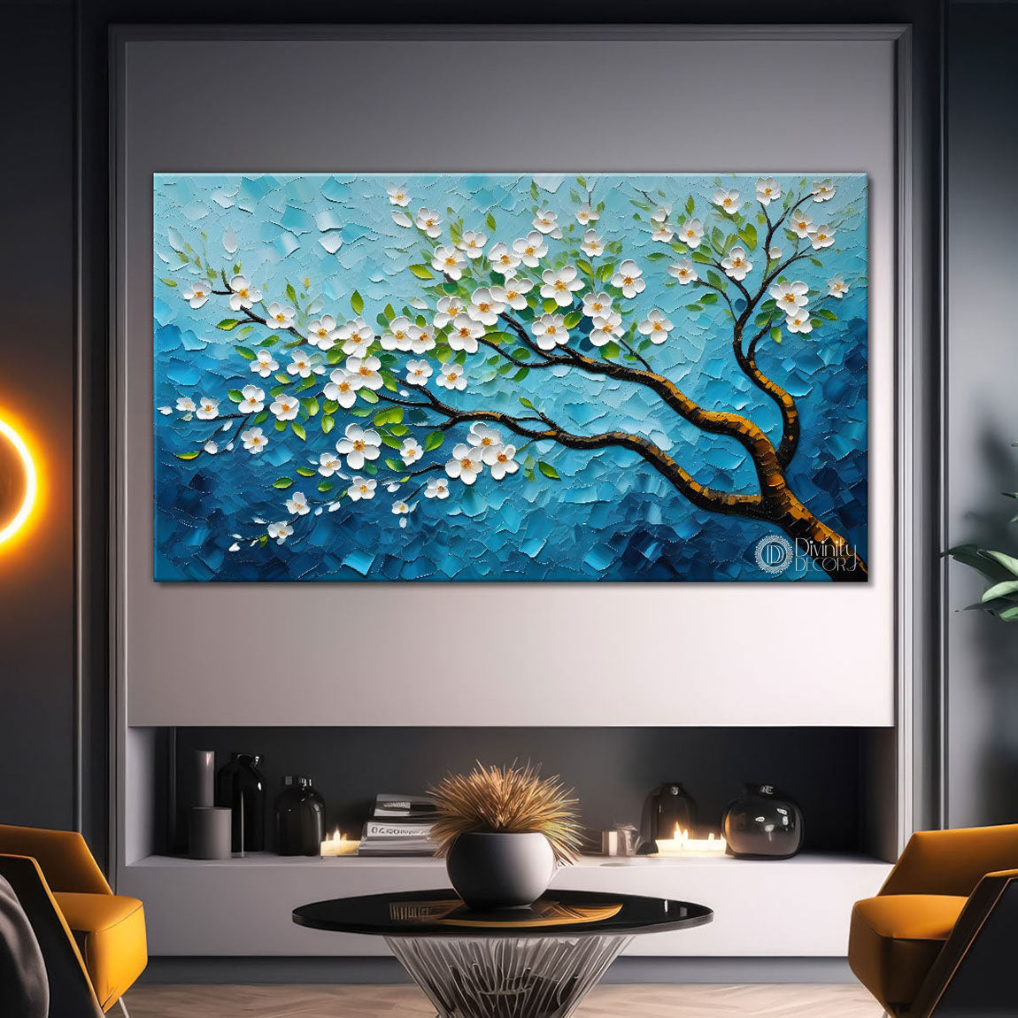 White flower tree in textured background oil painting- Design - Tree-169
