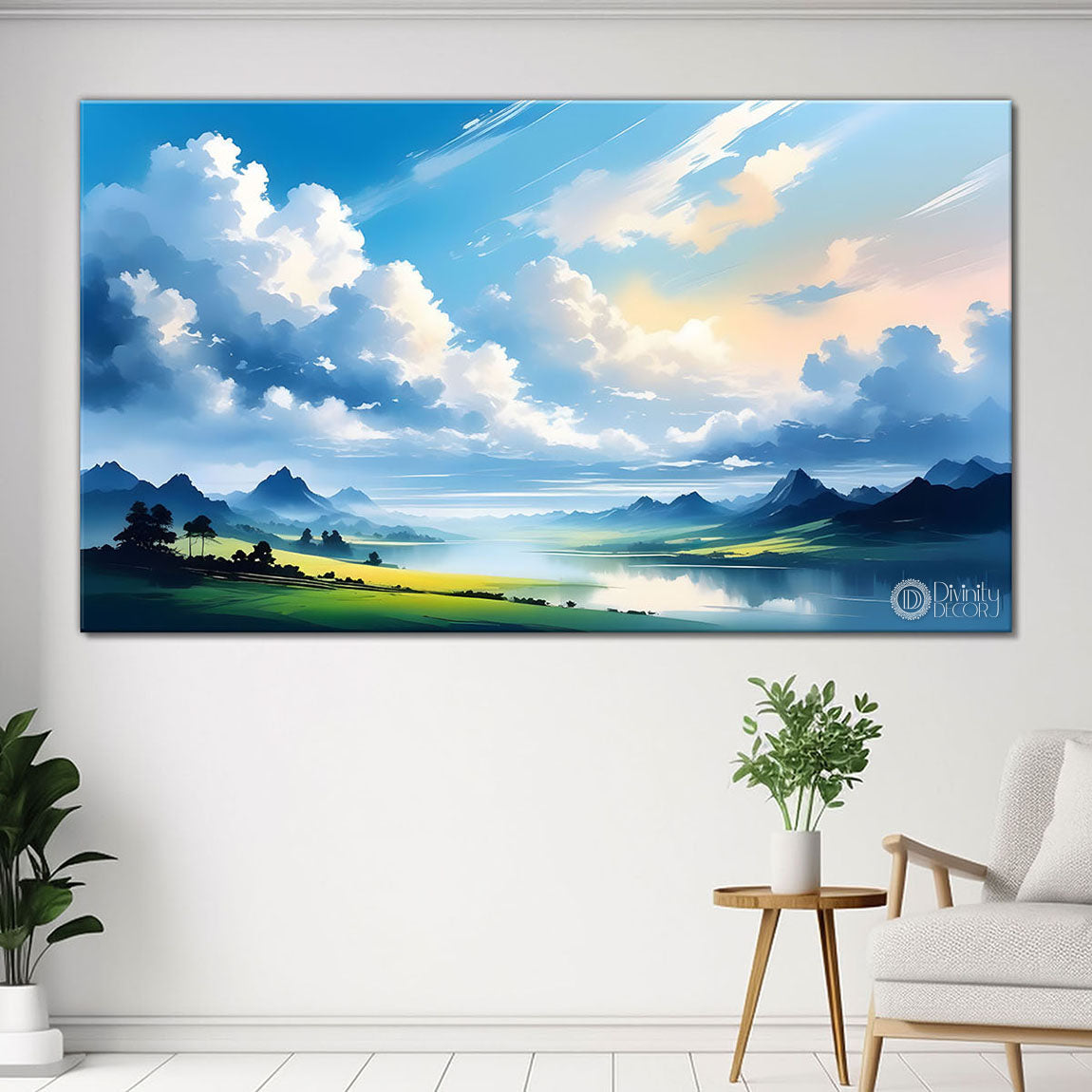 Mountains with river, trees and clouds textured water color art Canvas Painting - Nature Art -169