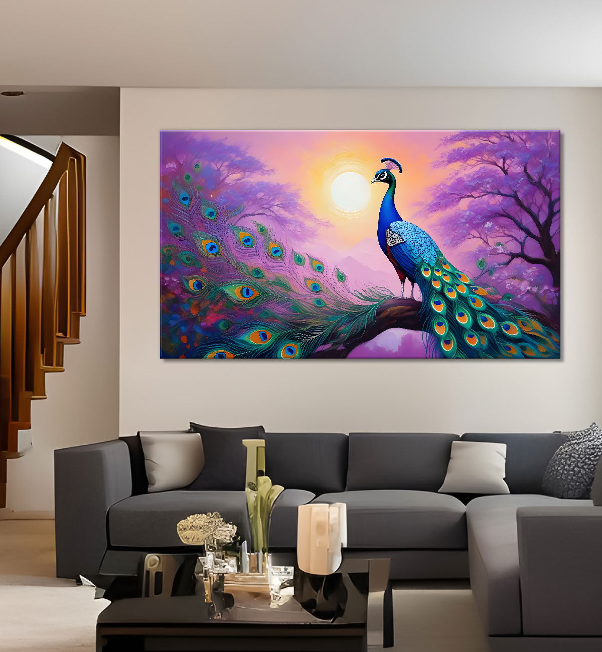 Peacock on the branch of purple tree modern art Canvas Painting - Design - Peacock-16
