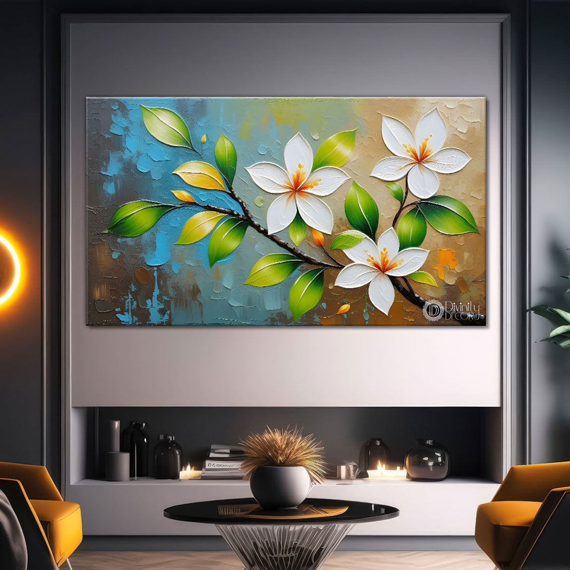 White flower tree in textured background oil painting- Design - Tree-170