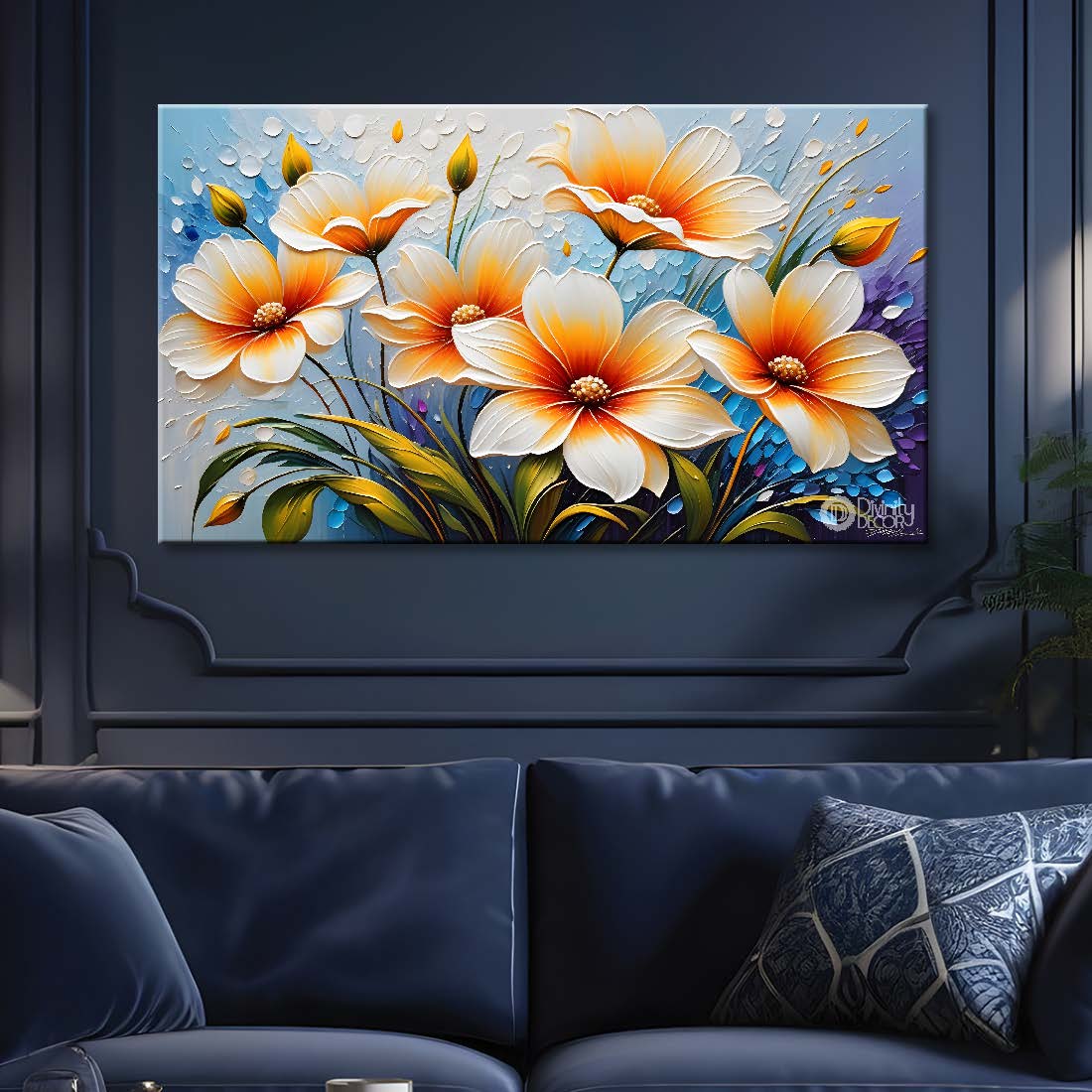 White flowers with blue background- Design - Flower-170