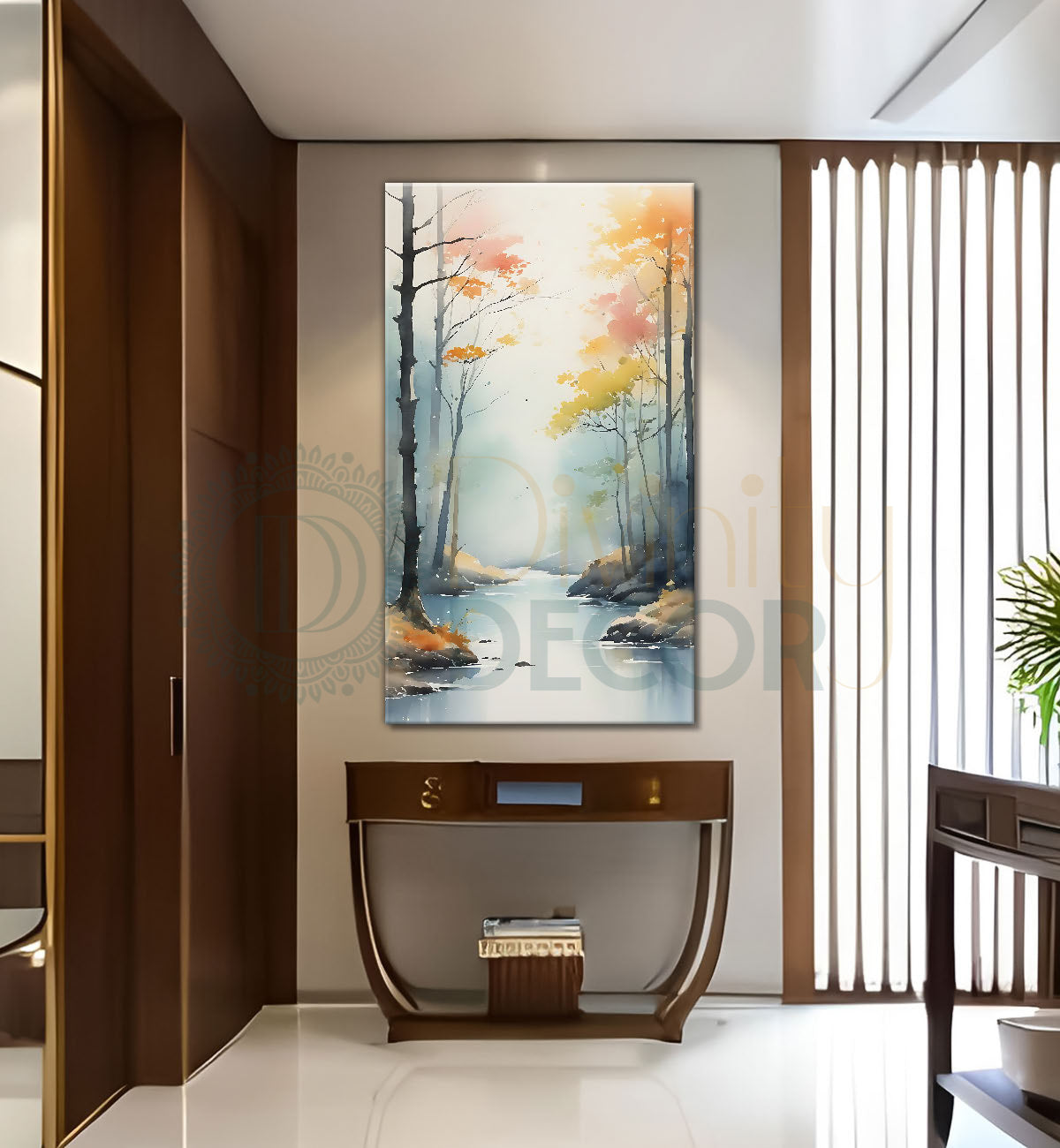 Trees with lake in textured natural water colour painting Canvas Painting - Nature Art -V-170