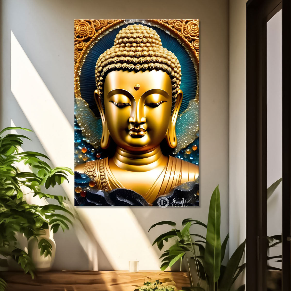Golden buddha with blue texturd painting-V-169