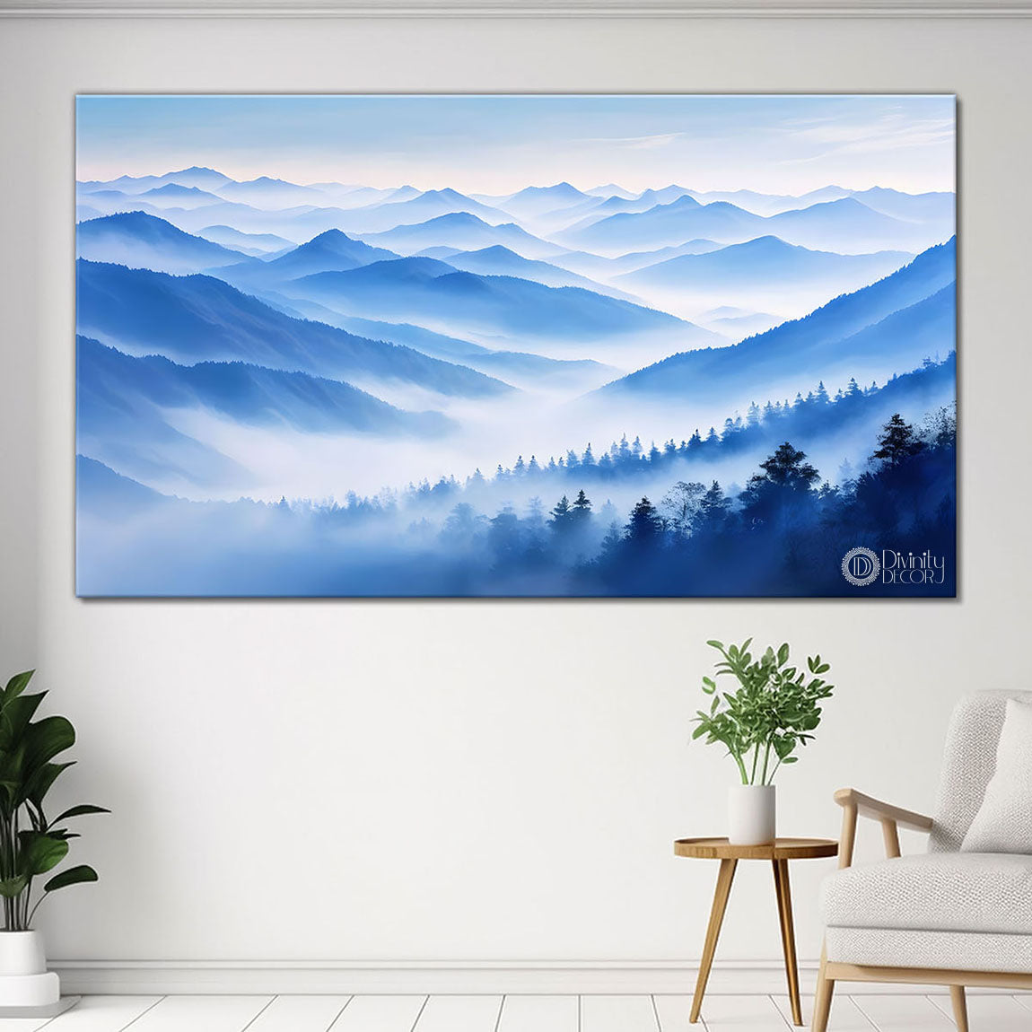 Mountains with river, trees and clouds textured water color art Canvas Painting - Nature Art -170