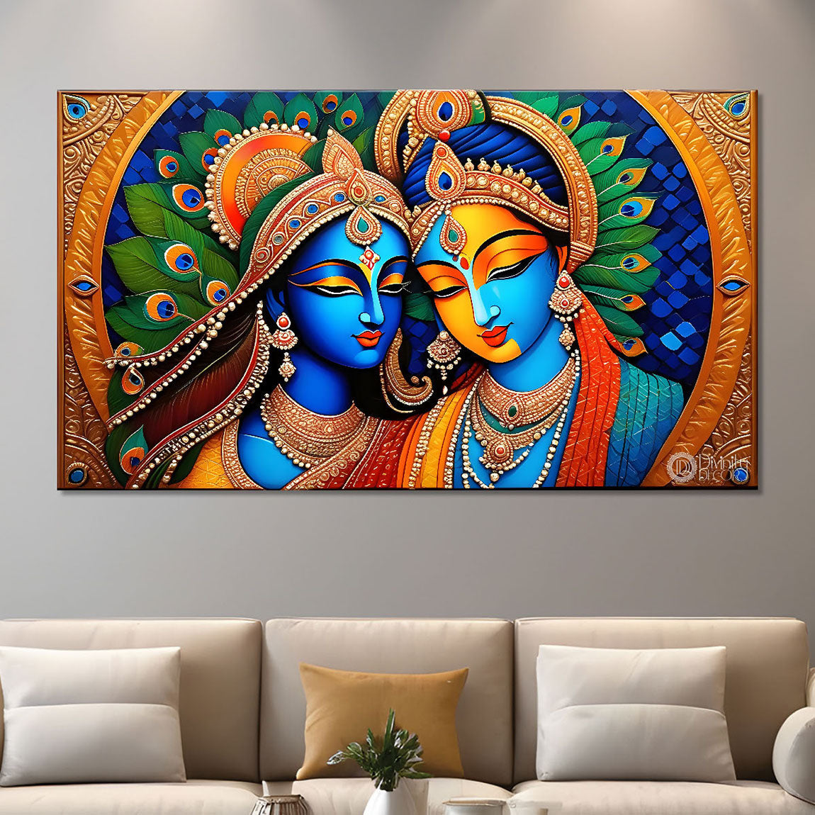 Blue face of Krishna and Radha with yellow and peacock feather background painting Canvas Painting - Design - Krishna-170