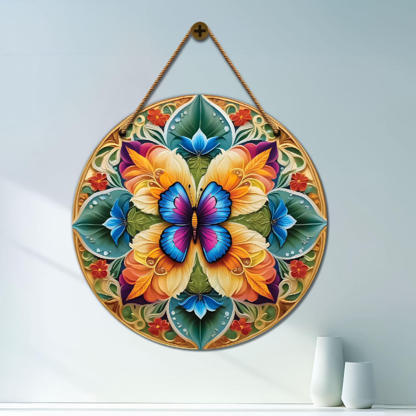 Butterfly in green and brown mandala Round Wooden Wall Hanging for wall Décor - Design - 170