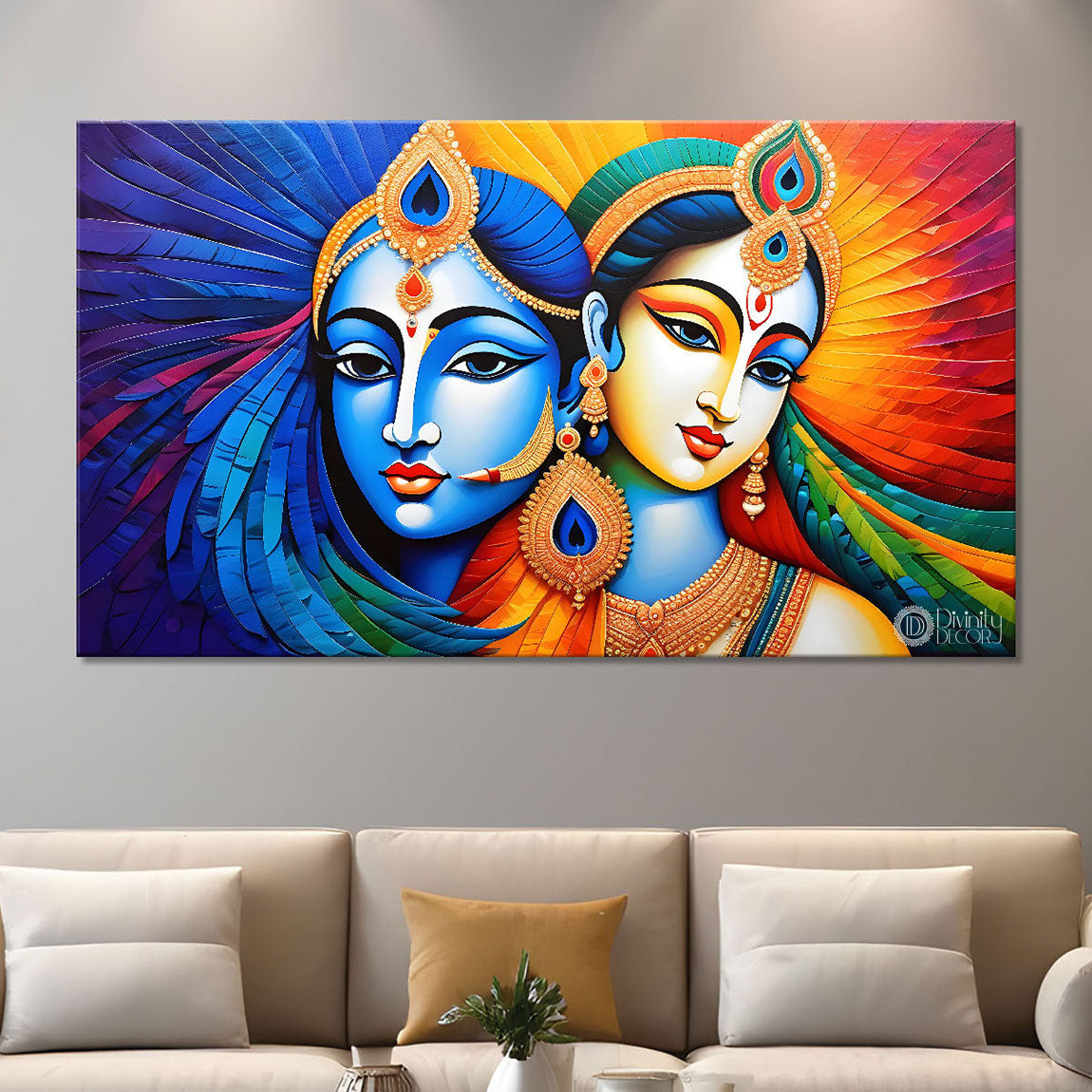 Blue face of Krishna and Radha with yellow background painting Canvas Painting - Design - Krishna-171