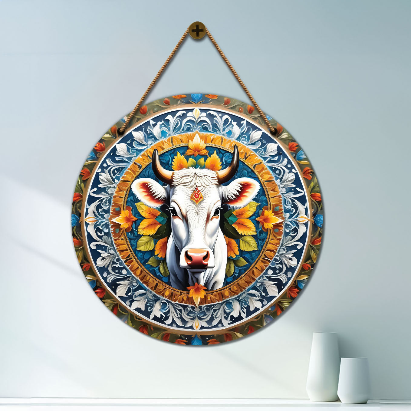 Cow in blue and brown mandala Round Wooden Wall Hanging for wall Décor - Design - 171