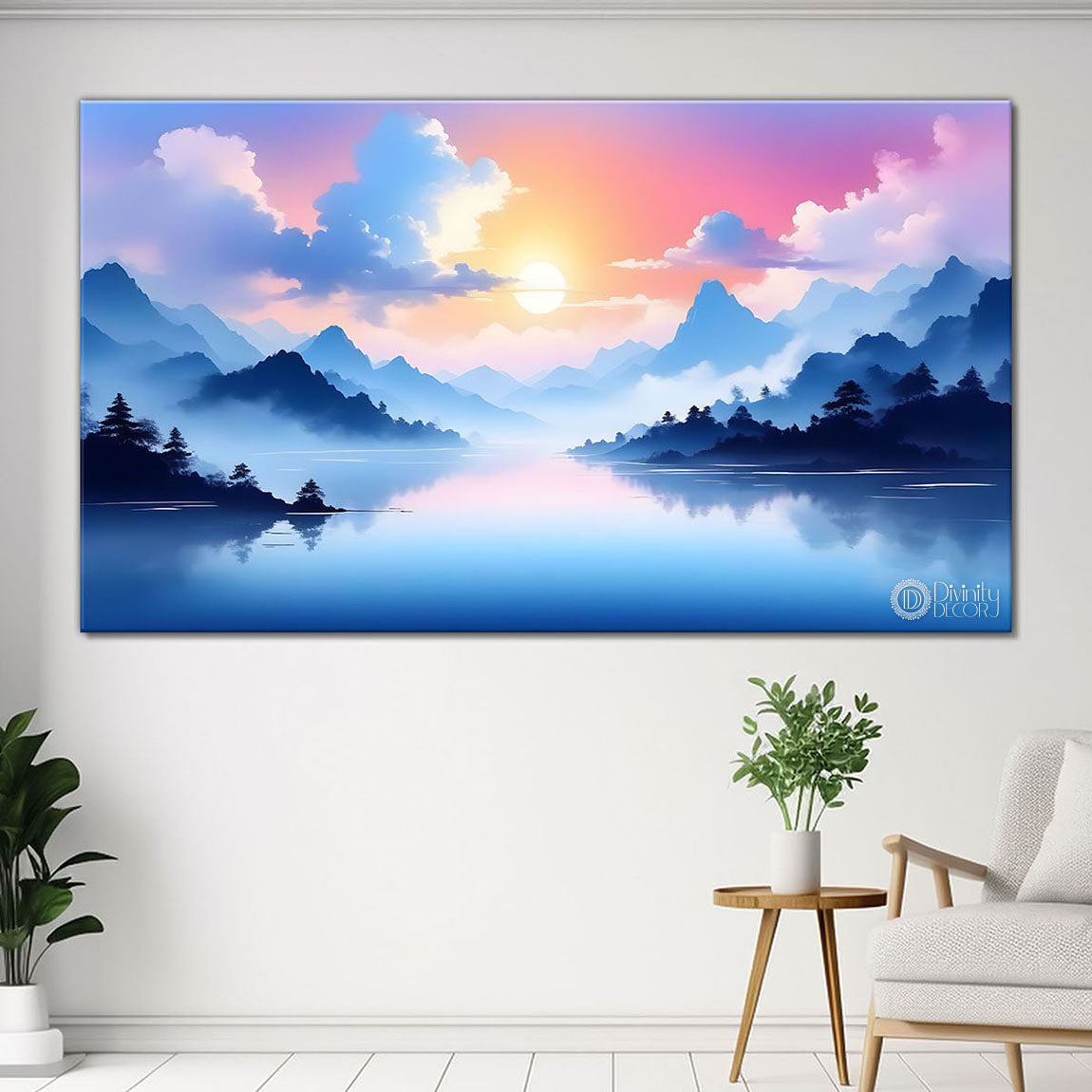 Mountains with river, trees and clouds textured water color art Canvas Painting - Nature Art -171
