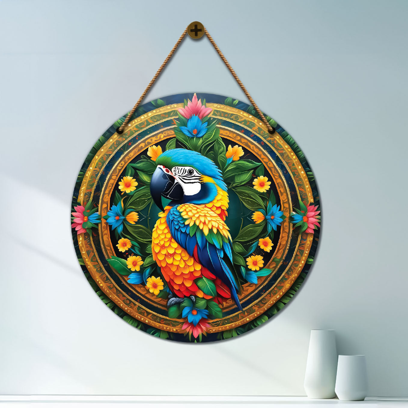 Parrot in green and yellow mandala Round Wooden Wall Hanging for wall Décor - Design - 172