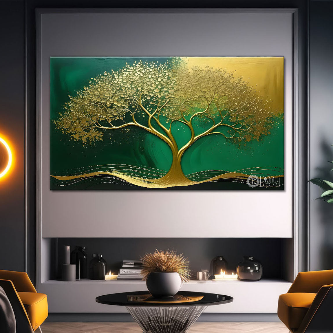 Golden tree in dark green textured background modern art- Design - Tree-172