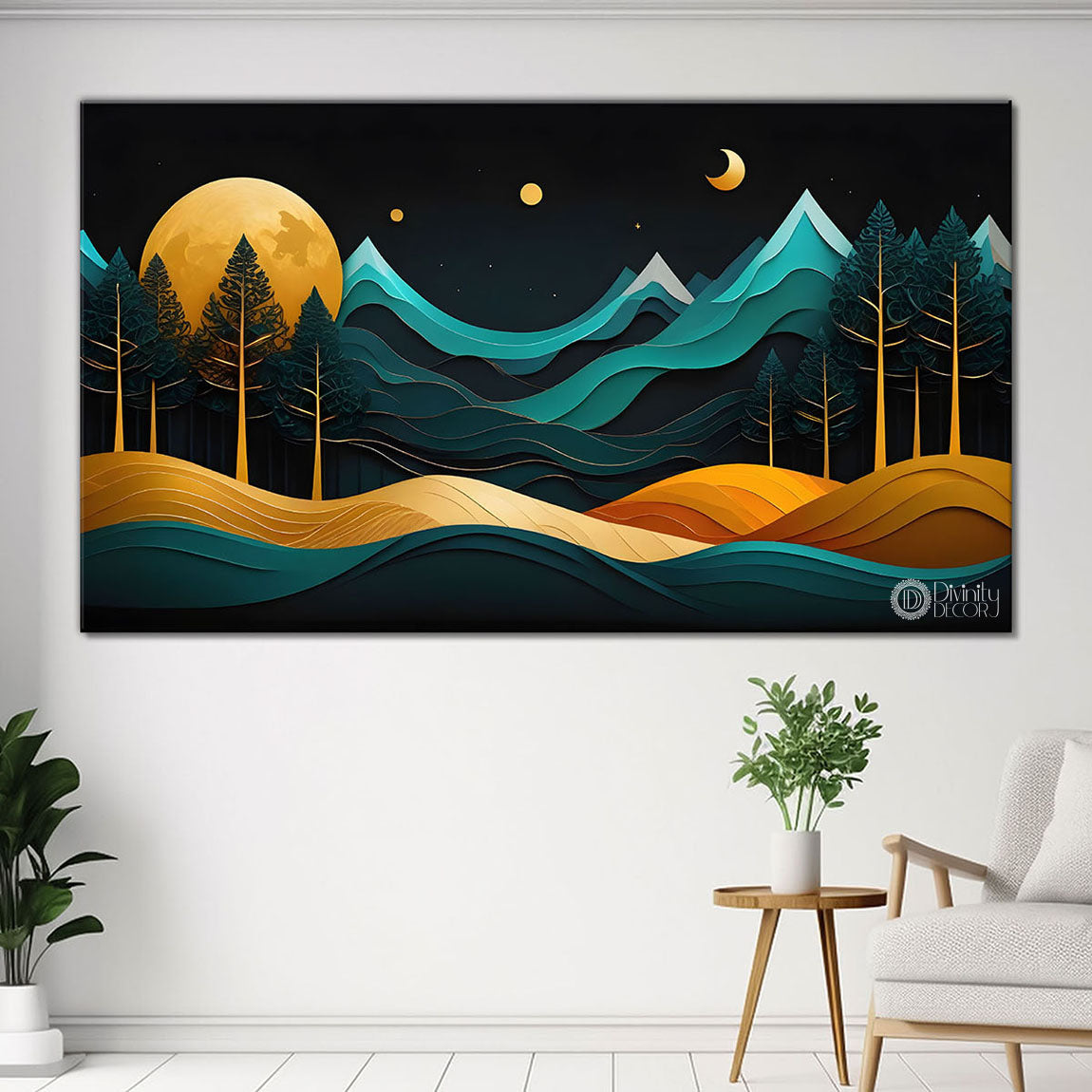 Green mountains with golden moon and trees Canvas Painting - Nature Art -172