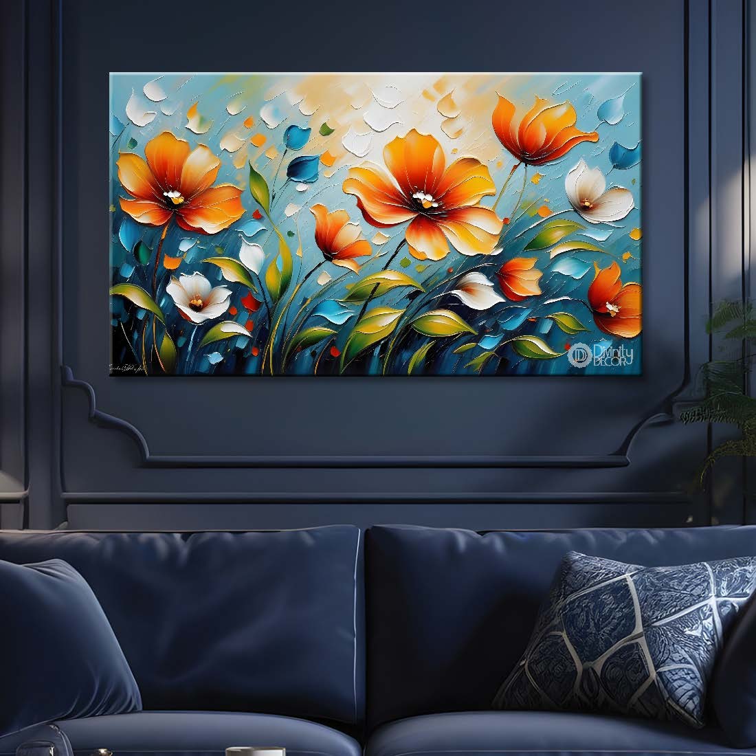 Orange flowers in blue background- Design - Flower-172