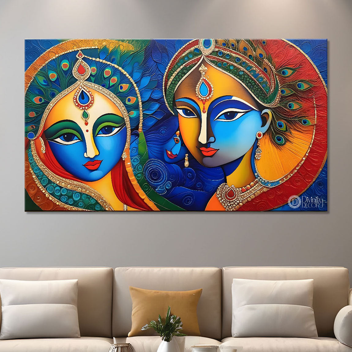 Blue face of Krishna and Radha with blue background painting Canvas Painting - Design - Krishna-172