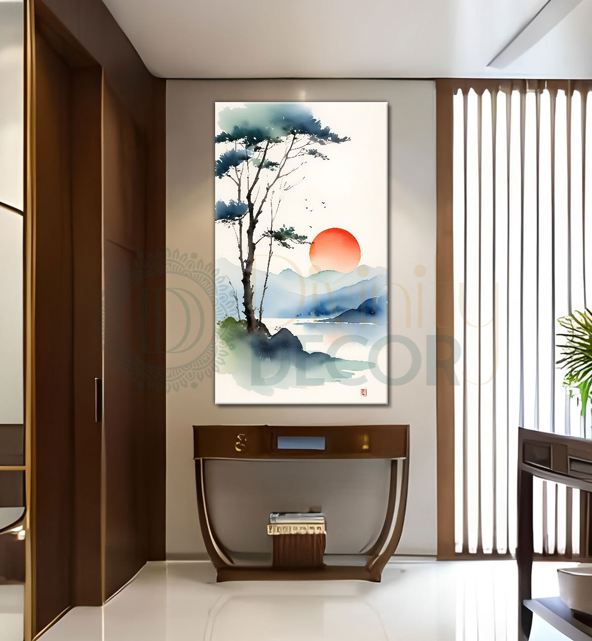 Mountains with tree and sunset in textured water colour painting Canvas Painting - Nature Art -V-172