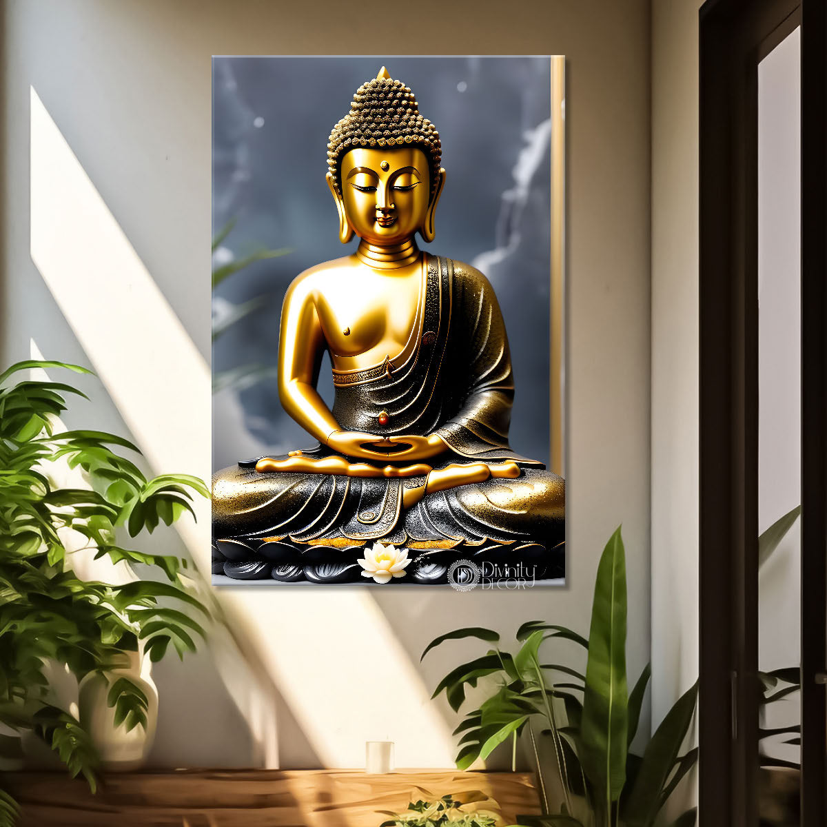Golden buddha with grey texturd painting-V-172