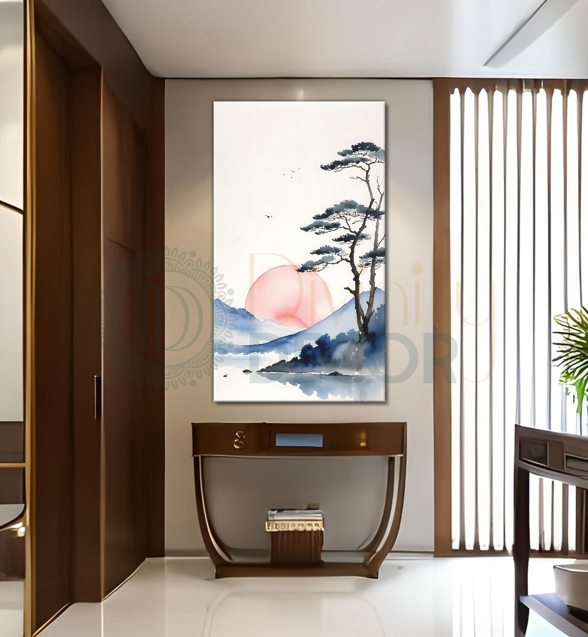 Mountains with trees and sun in textured natural water colour painting Canvas Painting - Nature Art -V-173