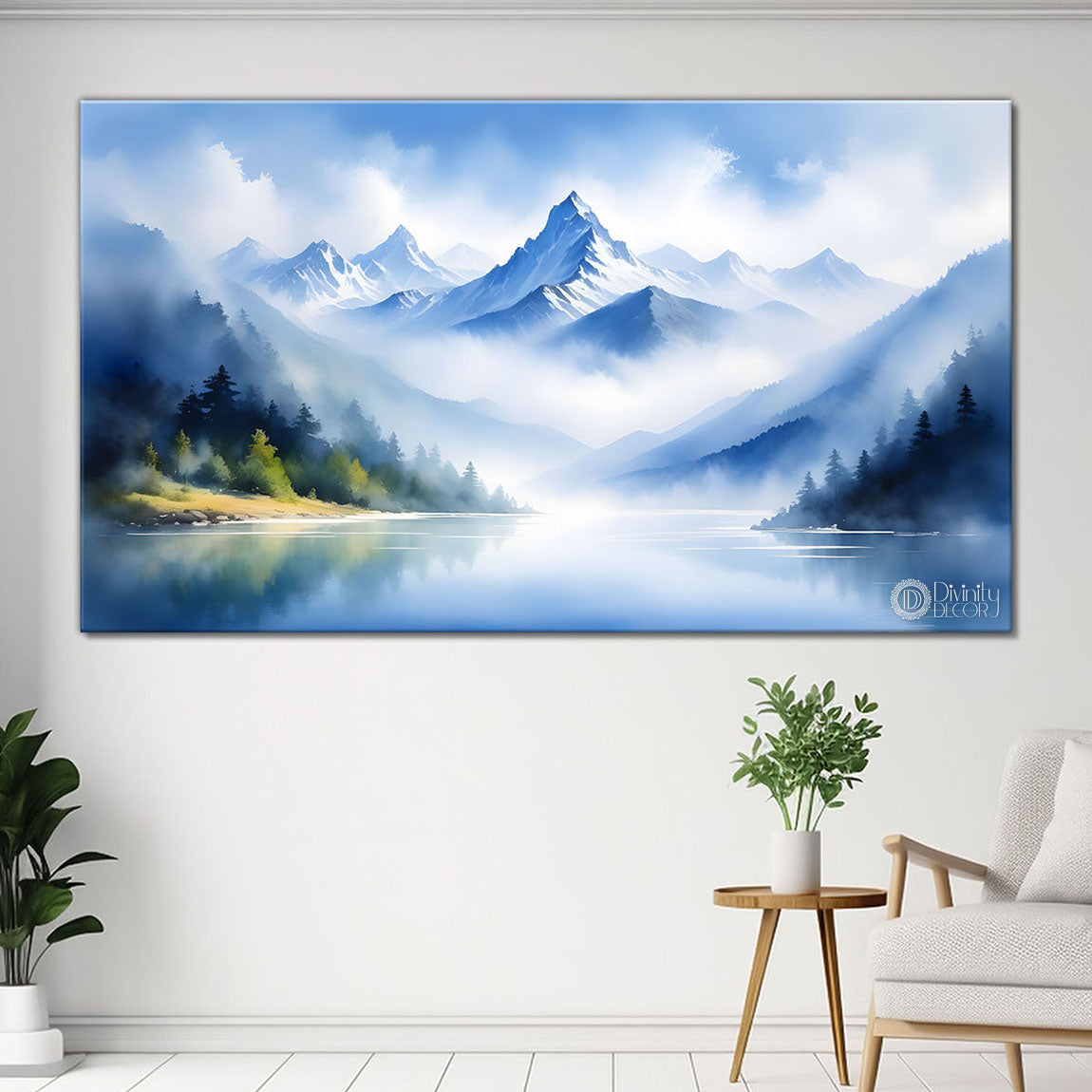 Mountains with river, trees and clouds textured water color art Canvas Painting - Nature Art -173