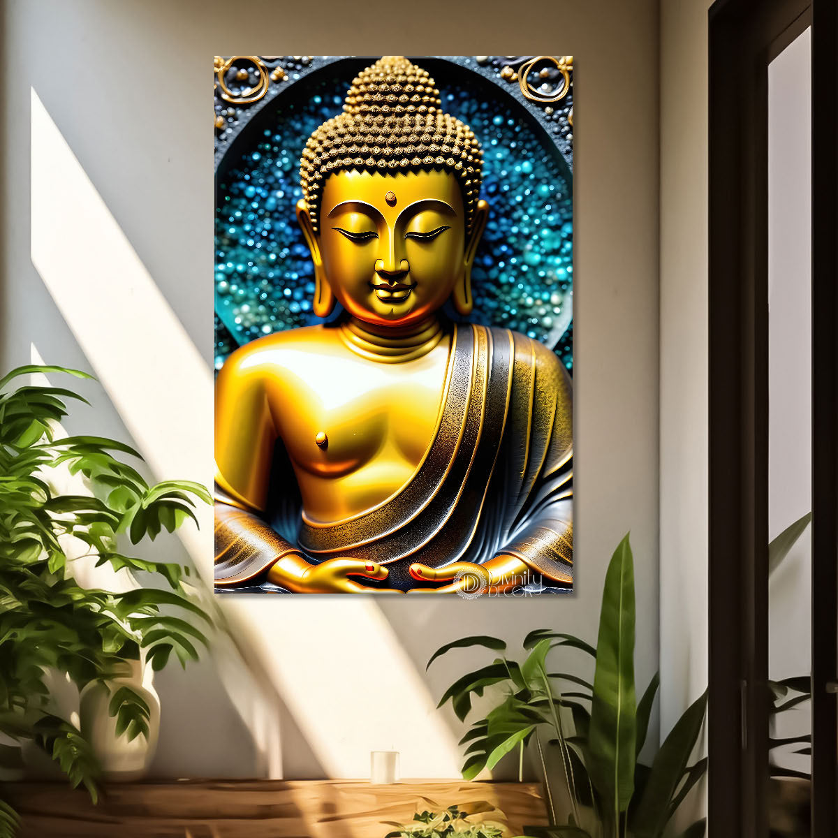 Golden buddha with blue texturd painting-V-173