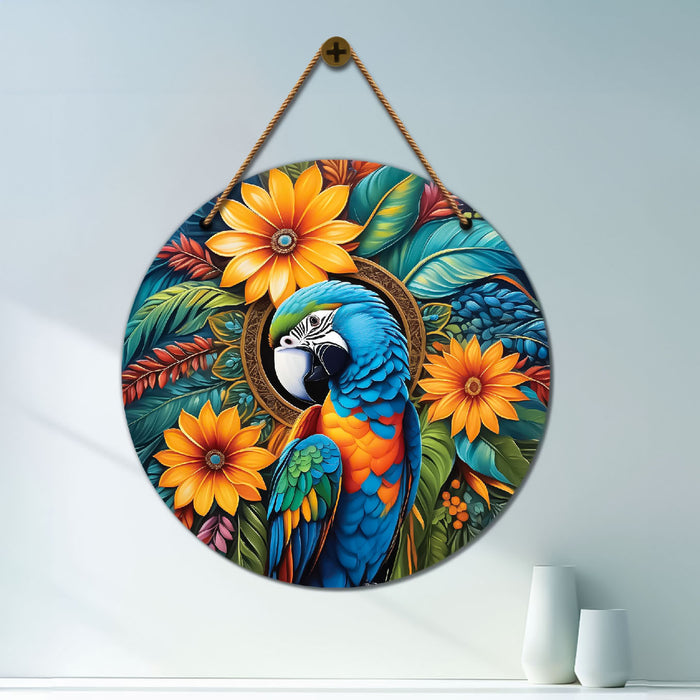 Parrot in green and yellow mandala Round Wooden Wall Hanging for wall Décor - Design - 173