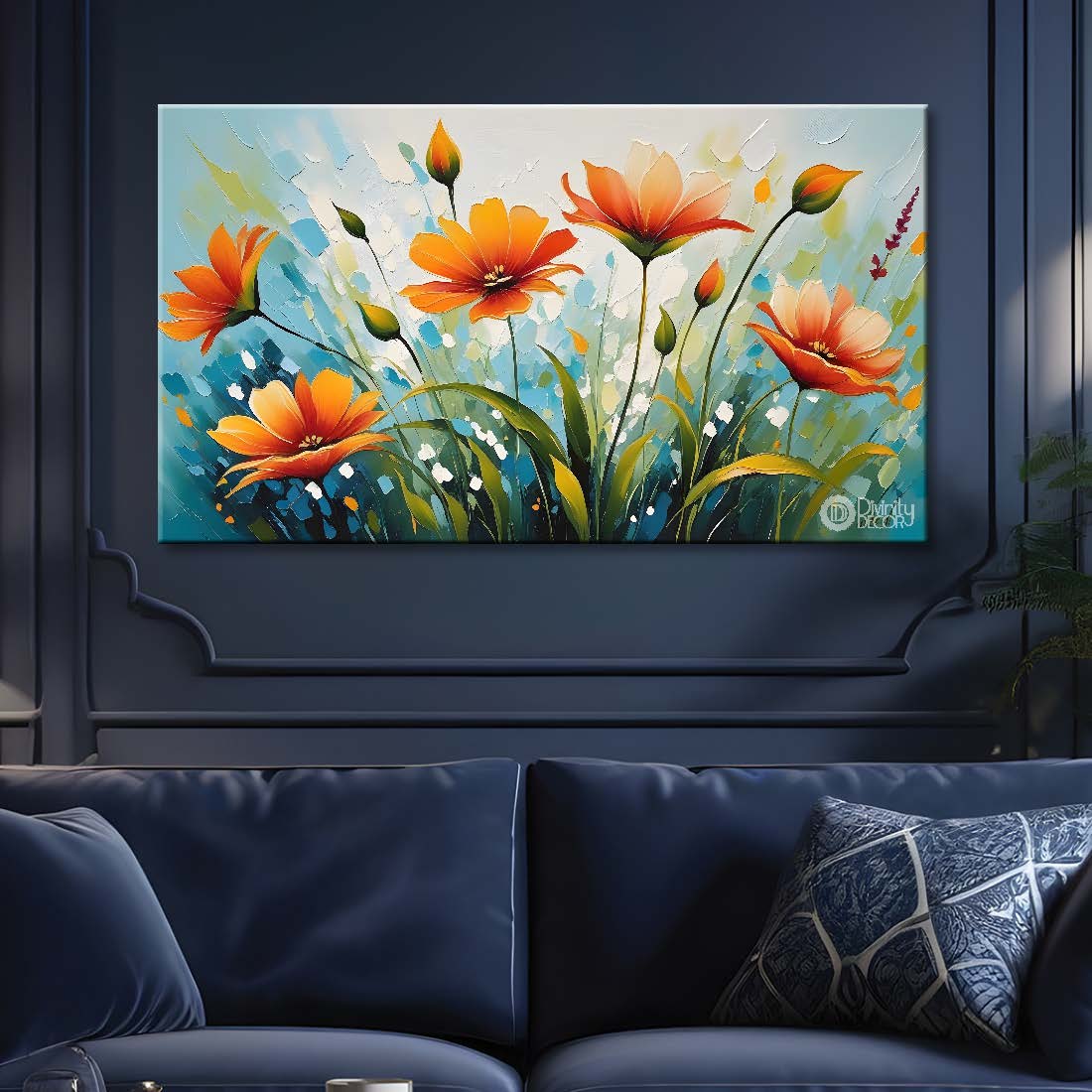 Orange flowers in blue background- Design - Flower-173
