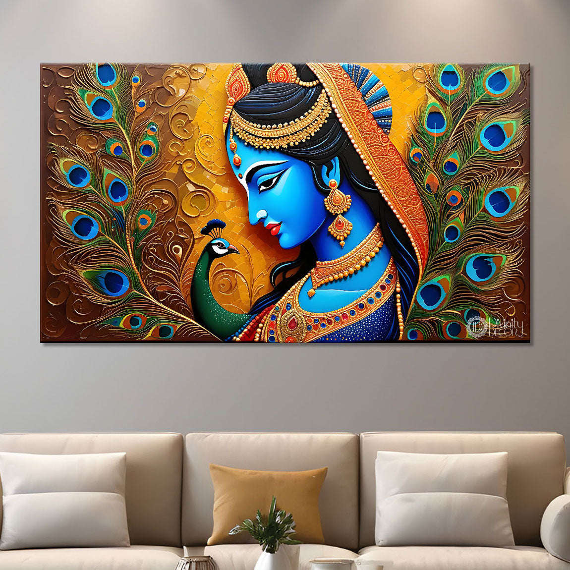 Blue face of Radha with yellow and peacock feather background painting Canvas Painting - Design - Krishna-173