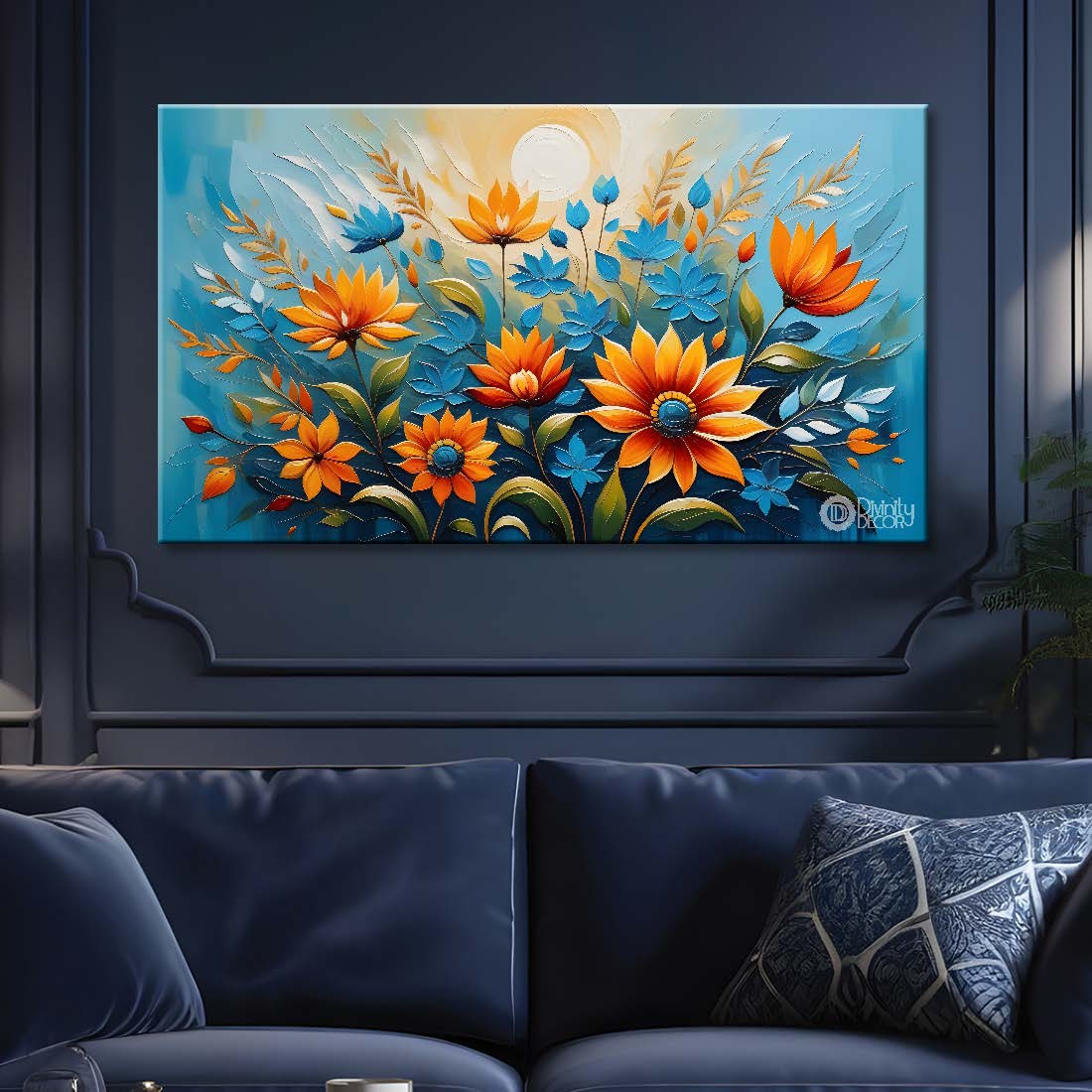 Orange flowers in blue background- Design - Flower-174