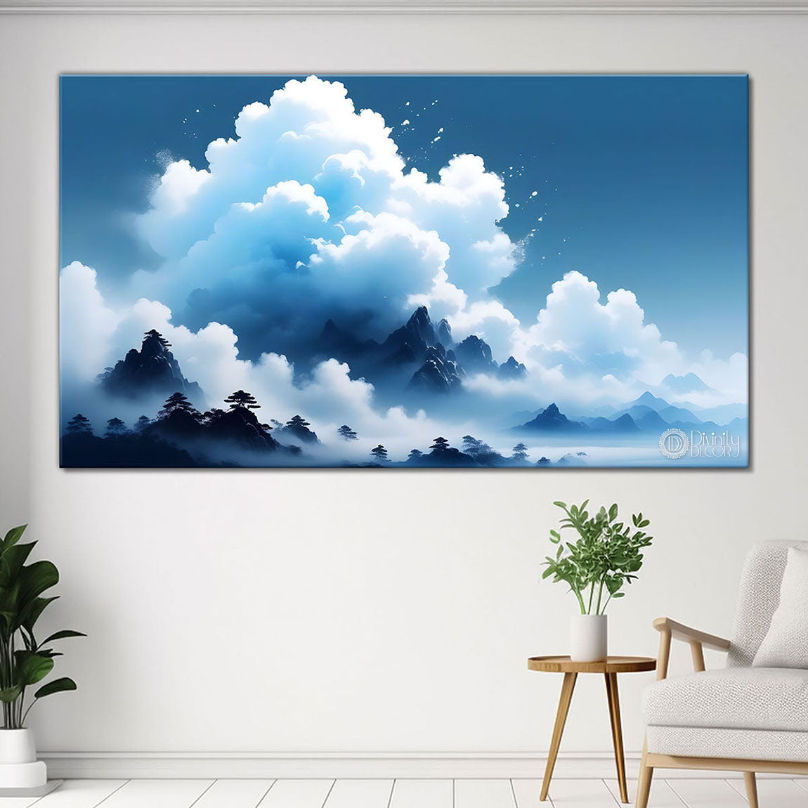 Mountains with river, trees and clouds textured water color art Canvas Painting - Nature Art -174